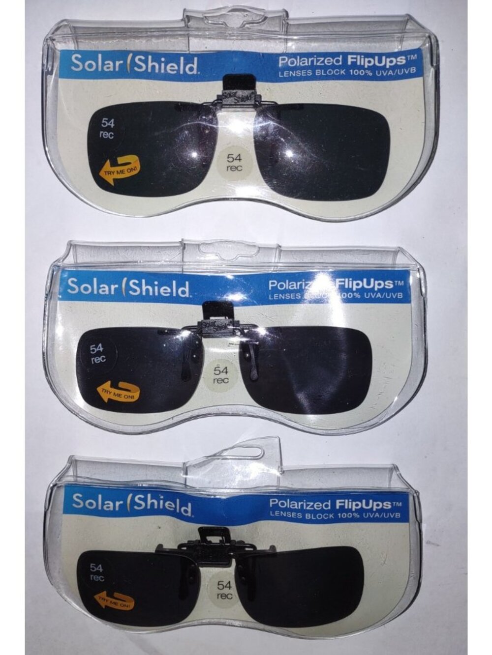 Solar Shield Flip-Up Polarized Sunglasses (lot 3) 54 REC Block UVA gray clip on